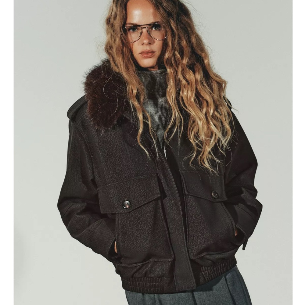 NWT Zara Faux Suede Jacket with Removable Faux Fur Collar Brown  XS XL